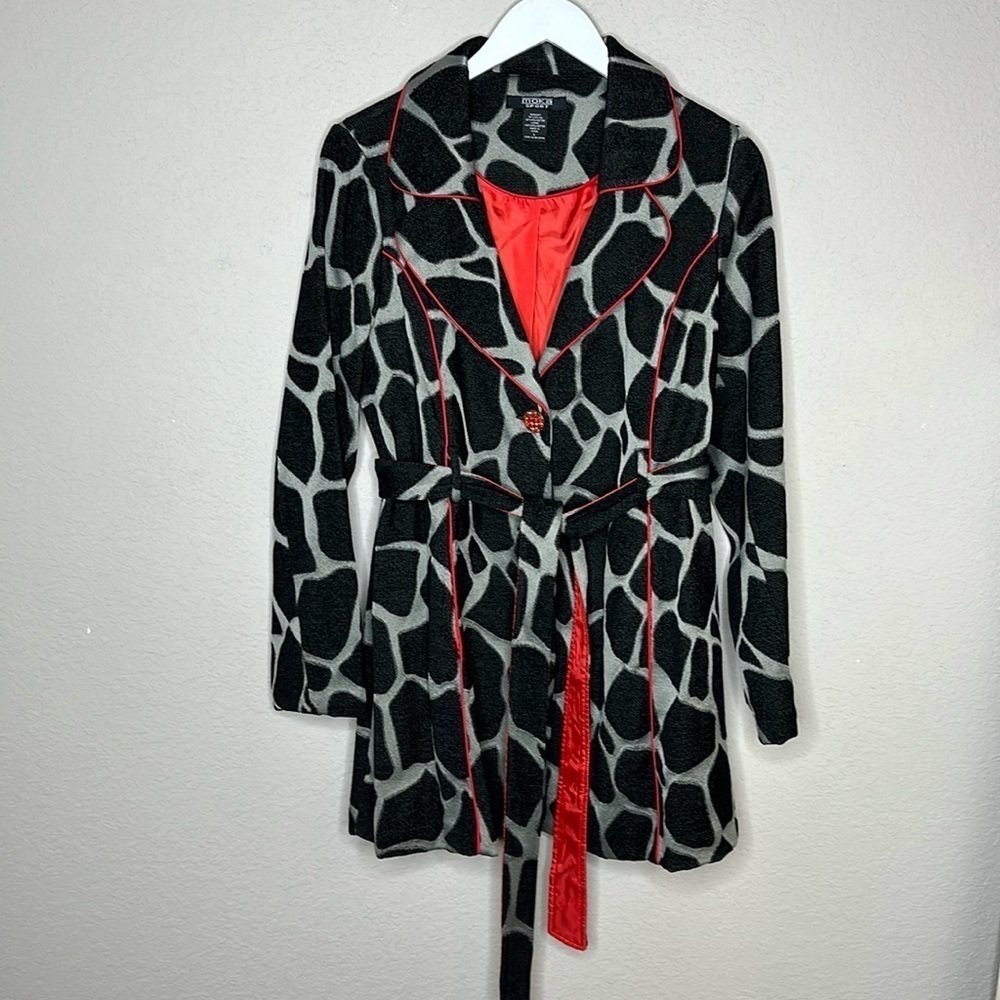 Moka  Sport Giraffe Print Belted Notch Collar Coat‎ Size Large